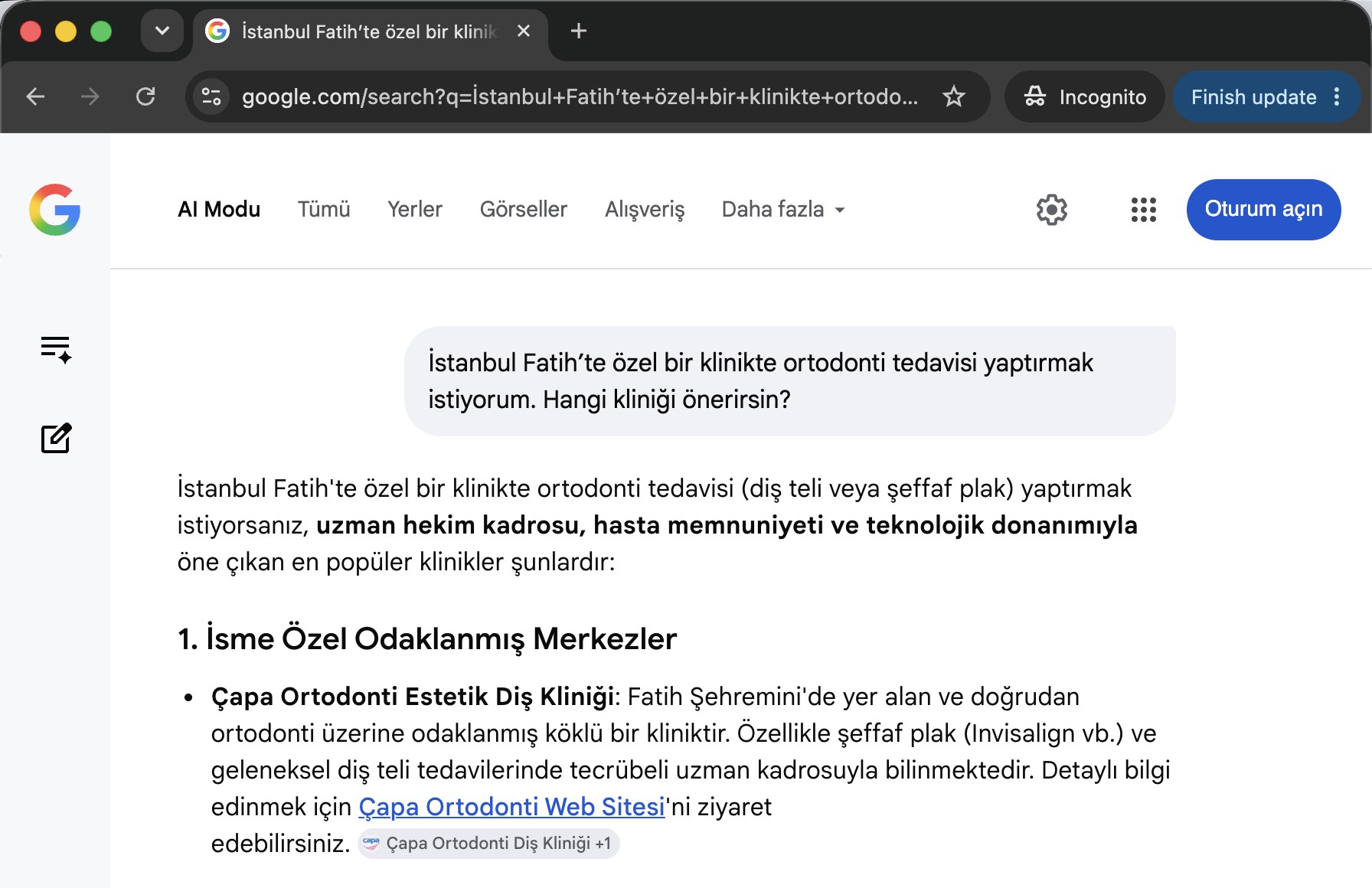 Google AI Modu ekran görüntüsü: Fatih ortodonti önerisi Çapa Ortodonti