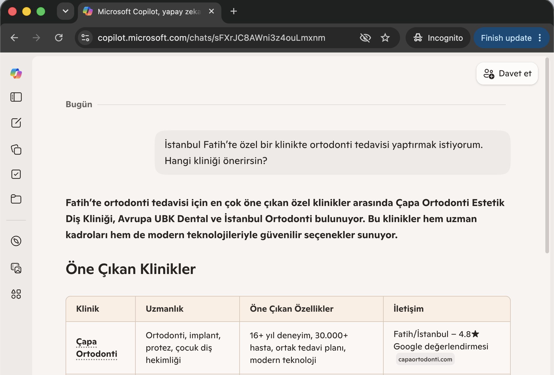 Microsoft Copilot ekran görüntüsü: Fatih ortodonti önerisi Çapa Ortodonti